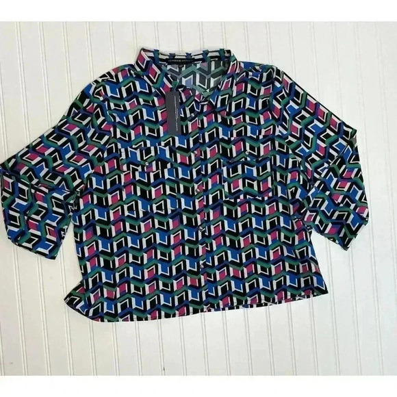 Adrienne Vittadini Blouse XL Long Sleeve Top Geometric Button Front NEW. 1100 - Picture 1 of 3